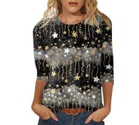 Camiseta de manga corta para mujer, con lentejuelas, informal, estampada, cuello redondo, manga holgada, manga cuarta, Negro , M
