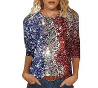 Camiseta de manga corta para mujer, con lentejuelas, informal, estampada, cuello redondo, manga holgada, manga cuarta, azul, XL