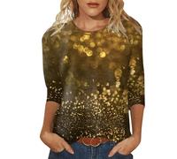 Camiseta de manga corta para mujer, con lentejuelas, informal, estampada, cuello redondo, manga holgada, manga cuarta, dorado, L