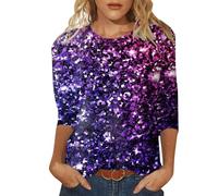 Camiseta de manga corta para mujer, con lentejuelas, informal, estampada, cuello redondo, manga holgada, manga cuarta, morado, M