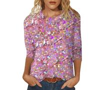 Camiseta de manga corta para mujer, con lentejuelas, informal, estampada, cuello redondo, manga holgada, manga cuarta, Rosa., L