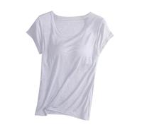 Camiseta de manga corta para mujer con sujetadores integrados, para verano, informal, con relleno liso, elástica, cómoda, holgada, básica, yoga, atletismo, gimnasio, dormir, blanco, S