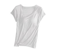 Camiseta de manga corta para mujer con sujetadores integrados, para verano, informal, con relleno liso, elástica, cómoda, holgada, básica, yoga, atletismo, gimnasio, dormir, beige, XL