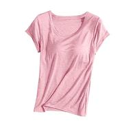 Camiseta de manga corta para mujer con sujetadores integrados, para verano, informal, con relleno liso, elástica, cómoda, holgada, básica, yoga, atletismo, gimnasio, dormir, rosa, XXL