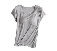 Camiseta de manga corta para mujer con sujetadores integrados, para verano, informal, con relleno liso, elástica, cómoda, holgada, básica, yoga, atletismo, gimnasio, dormir, gris, 4XL