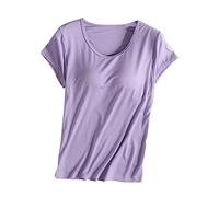 Camiseta de manga corta para mujer con sujetadores integrados, para verano, informal, con relleno liso, elástica, cómoda, holgada, básica, yoga, atletismo, gimnasio, dormir, Morado (, XXL