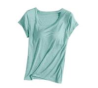 Camiseta de manga corta para mujer con sujetadores integrados, para verano, informal, con relleno liso, elástica, cómoda, holgada, básica, yoga, atletismo, gimnasio, dormir, verde, S