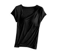 Camiseta de manga corta para mujer con sujetadores integrados, para verano, informal, con relleno liso, elástica, cómoda, holgada, básica, yoga, atletismo, gimnasio, dormir, Negro, 4XL