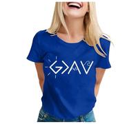 Camiseta de manga corta para mujer con texto en inglés "Dios es más grande que los altibajos", azul, L