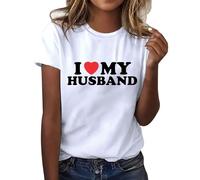 Camiseta de manga corta para mujer, con texto "I My Husband", manga corta, manga corta, cuello redondo, manga 3/4, Blanco, 3XL