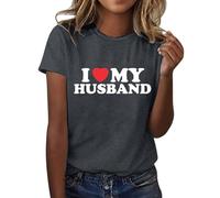 Camiseta de manga corta para mujer, con texto "I My Husband", manga corta, manga corta, cuello redondo, manga 3/4, gris, XXL