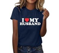 Camiseta de manga corta para mujer, con texto "I My Husband", manga corta, manga corta, cuello redondo, manga 3/4, azul oscuro, 3XL