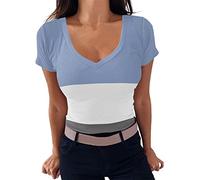 Camiseta de manga corta para mujer, cuello en V, acanalada, ajustada, de manga corta, blusa de punto básico, blusa con elástico, azul celeste, S