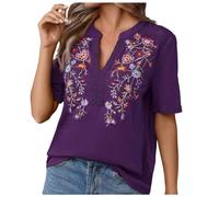 Camiseta de manga corta para mujer, cuello en V, color liso, holgada, color amarillo, morado, L
