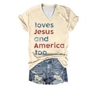 Camiseta de manga corta para mujer, cuello en V, estampado de verano "Loves and America Too", beige, S