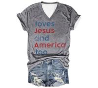 Camiseta de manga corta para mujer, cuello en V, estampado de verano "Loves and America Too", gris, S