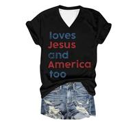 Camiseta de manga corta para mujer, cuello en V, estampado de verano "Loves and America Too", Negro , S