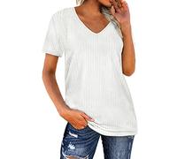 Camiseta de manga corta para mujer, cuello en V, informal, informal, lisa, color amarillo, Blanco, XL