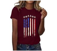 Camiseta de manga corta para mujer, cuello redondo, con estampado del Día de la Independencia, camiseta de manga corta con espalda descubierta para mujer, Vino, L
