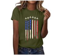 Camiseta de manga corta para mujer, cuello redondo, con estampado del Día de la Independencia, camiseta de manga corta con espalda descubierta para mujer, Verde militar., XXL