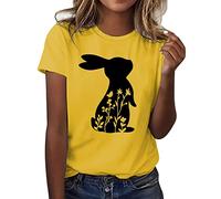 Camiseta de manga corta para mujer, cuello redondo, conejito, estampada, informal, estrecha, camiseta, blusa cuervo, amarillo, L