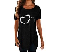 Camiseta de manga corta para mujer, cuello redondo, estampado de diente de león, con botones irregulares, color rojo, Negro , L