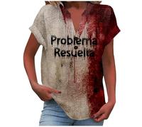 Camiseta de manga corta para mujer, cuello redondo, estampado de manchas de sangre, informal, para verano, cómoda, de encaje, para mujer, azul, M