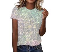 Camiseta de manga corta para mujer, cuello redondo, lentejuelas, arcoíris, purpurina, camiseta estampada, parte superior, informal, fiesta, club, camiseta holgada, camiseta deportiva de algodón, para