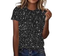 Camiseta de manga corta para mujer, cuello redondo, lentejuelas, arcoíris, purpurina, camiseta estampada, parte superior, informal, fiesta, club, camiseta holgada, camiseta deportiva de algodón, para