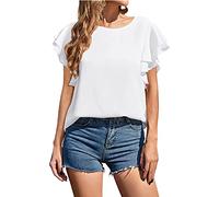 Camiseta de manga corta para mujer, cuello redondo, manga corta, botón de espalda, elegante, blusa de neón, Blanco, M