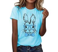 Camiseta de manga corta para mujer de Pascua con cuello redondo, conejo, estampado de conejo, camiseta informal, estrecha, camiseta, blusa, blusa, mujer, tallas grandes, azul celeste, L
