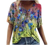Camiseta de manga corta para mujer de talla grande con cuello en V estampada camiseta blusa pequeña suéter de mujer, azul, S