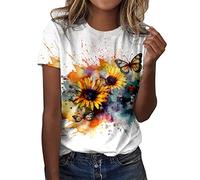 Camiseta de manga corta para mujer, de verano, cuello redondo, manga corta, con divertido diseño de mariposa, estampado floral, camiseta de un solo color, transpirable, ligera, ajuste holgado, ropa de