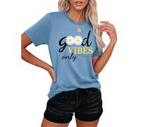 Camiseta de manga corta para mujer, diseño de arcoíris con estampado gráfico de Good Vibes, Azul-A, L
