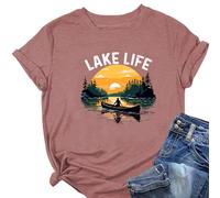 Camiseta de manga corta para mujer, diseño de canoa, atardecer, lago, casual, cuello redondo, para amantes de la vida del lago, Oro rosa 2, XXL