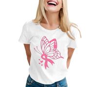 Camiseta de manga corta para mujer, diseño de conciencia del cáncer de mama, cuello redondo, camiseta de manga corta con estampado inspirador, para el tiempo libre, todo el año, cómoda y suave, Blanco