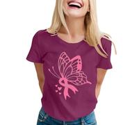 Camiseta de manga corta para mujer, diseño de conciencia del cáncer de mama, cuello redondo, camiseta de manga corta con estampado inspirador, para el tiempo libre, todo el año, cómoda y suave, Vino