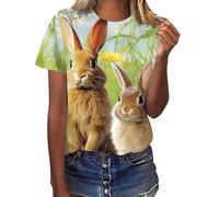 Camiseta de manga corta para mujer, diseño de conejito de Pascua con cuello redondo, Verde militar., XXL