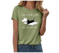 Camiseta de manga corta para mujer, diseño de gatos, cuello redondo, estampada, informal, de verano, hombros descubiertos, chaleco personalizado, verde, L