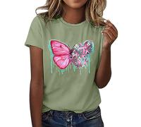 Camiseta de manga corta para mujer, diseño de mariposa, con cinta de conciencia sobre el cáncer de mama, verde, XXL