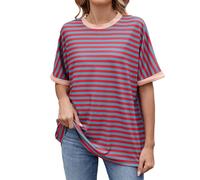 Camiseta de manga corta para mujer, diseño de rayas, color bloque, cuello redondo, informal, suelto, camiseta de verano, rojo, XXL