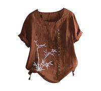 Camiseta de manga corta para mujer, estilo retro, informal, holgada, de algodón, lino, red de pesca, café, 3XL