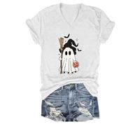 Camiseta de manga corta para mujer, fácil de llevar, para otoño, Halloween, 2025, cuello en V, divertidas camisetas gráficas, camisetas de manga corta para Acción de Gracias, para interiores y