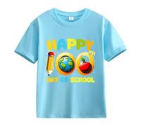 Camiseta de manga corta para niña con diseño de caballos, 1 día de apertura escolar, 1 día, aniversario, personalidad, holgada, manga corta, para niña, azul claro, 12-13 años