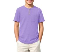 Camiseta de manga corta para niño de algodón, con botones y bolsillo en el pecho, color liso, informal, para el día a día, morado, 5-6 años
