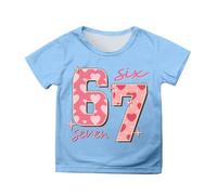Camiseta de manga corta para niños y niñas, 67, 6, 7, con estampado de memes, vintage, de manga corta, para vacaciones, ropa casual divertida para niñas, azul celeste, 4-5 años