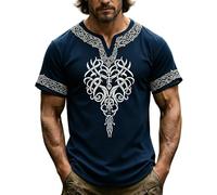 Camiseta de manga corta retro para hombre, diseño de mitología nórdica, ligera, transpirable, cuello de pico, camiseta de ocio, blusa para dioses nórdicos medievales, Azul oscuro-5., 5XL