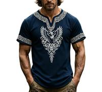 Camiseta de manga corta retro para hombre, diseño de mitología nórdica, ligera, transpirable, cuello de pico, camiseta de ocio, blusa para dioses nórdicos medievales, Azul oscuro-4., XL