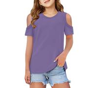 Camiseta de Manga Corta sin Tirantes en Color Sólido para Niña Camisetas Elástica Holgada Cuello Redondo Tops Básica Verano Casual Niñas Estar Casa y Fuera n20