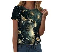 Camiseta de manga corta y cuello redondo para mujer, diseño de gato vintage pintado al óleo, manga corta para mujer, Dark Verde, S